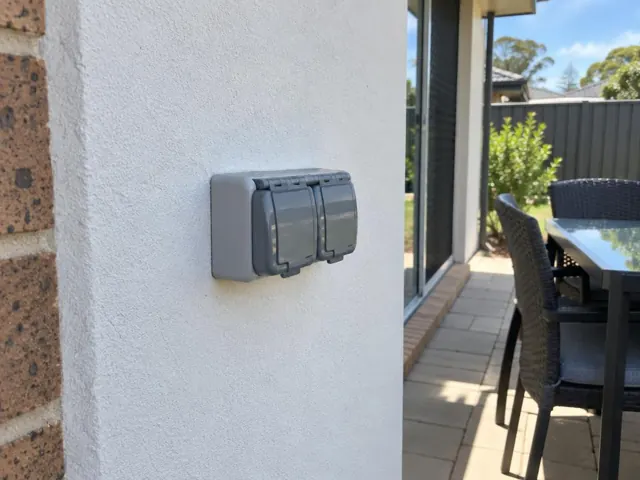Outdoor double power point on a white rendered wall beside a patio with outdoor dining setting in Woongarrah